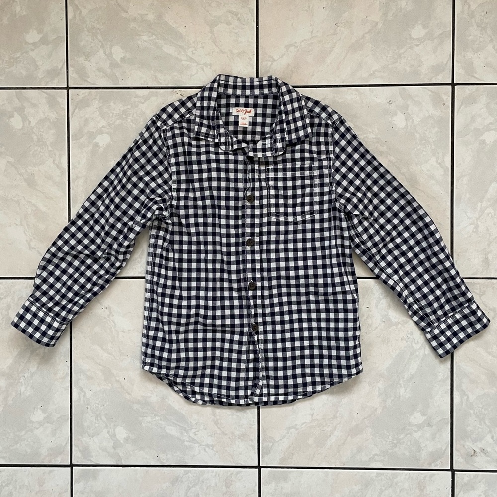 CAT & JACK | Boys Navy Blue Checkered Button Down Shirt S 6/7